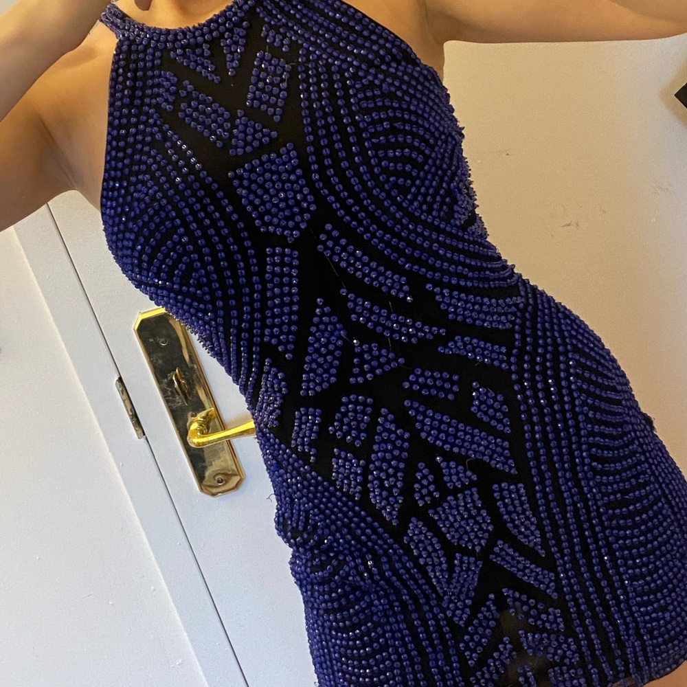 Parker blue & black mini high neck dress Prom special occasion wedding guest